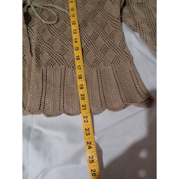 Kathy Ireland Front Tie  Open Crochet Knit Beige Sliver Sparkling Sweater Sz XL - Picture 4 of 12